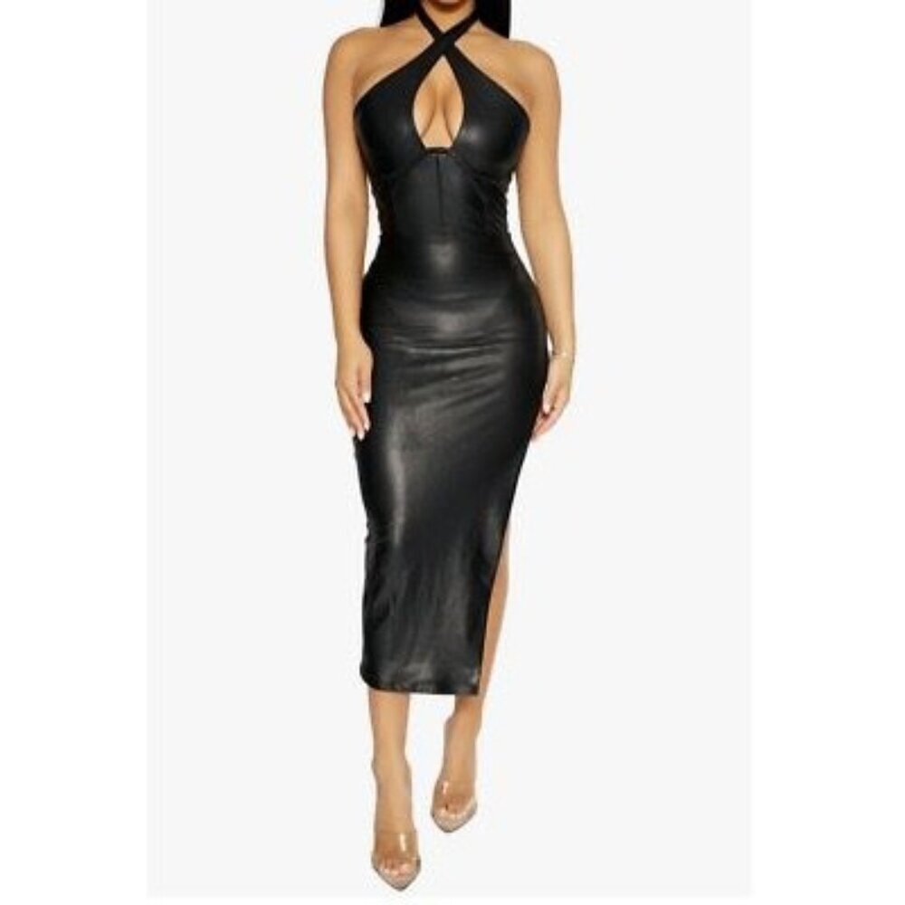 naked wardrobe Black Faux Leather Cross-Halter Midi Dress